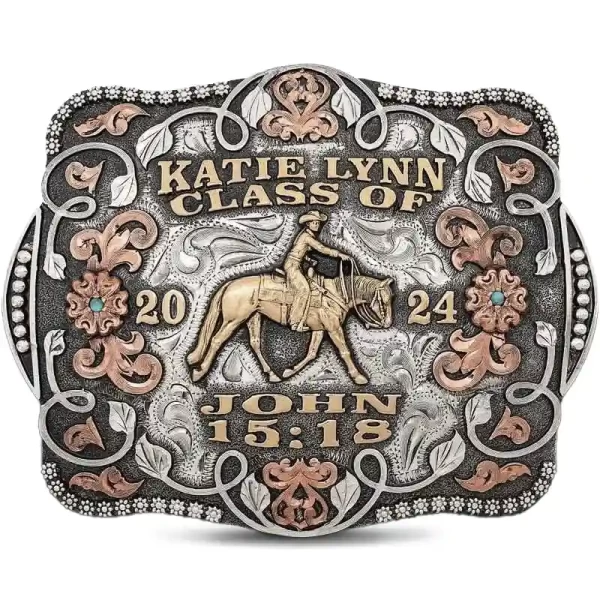 Celebrate a rodeo athlete's graduation with the perfect gift: a Class Buckle! Its distinctive shape ensures it stands out in any outfit. Complete the look with your personalized lettering and figure for a truly memorable and personalized keepsake.
